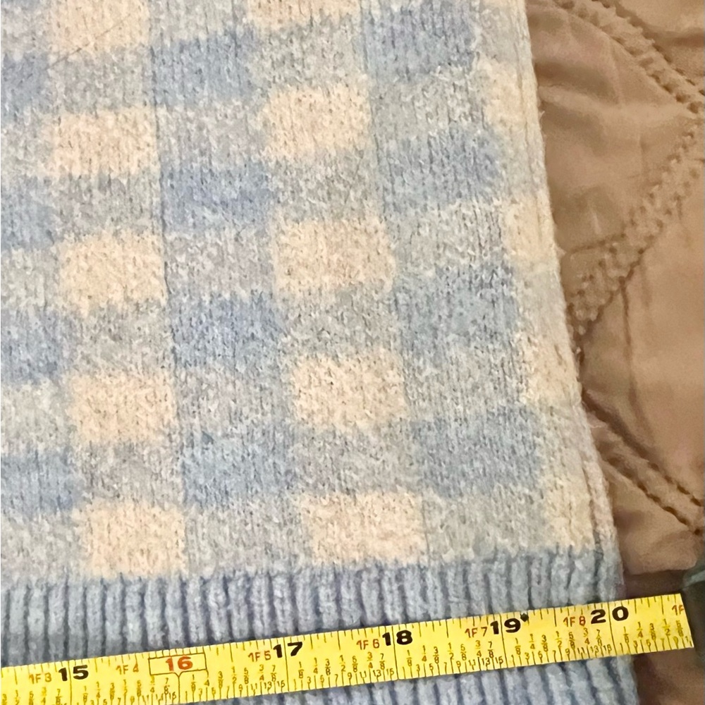 Zara Cardigan Vest Gingham Blue Cream V-Neck Crystal Glass Sweater S Small - Picture 9 of 10